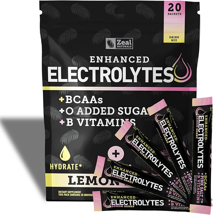 Enhanced Electrolyte Powder Stick Packs (Lemon Berry | 20 Packets) w/ 0 Sugar +BCAAs +B-Vitamins Electrolyte Supplement w Potassium Zinc &amp Magnesium for Hydration - Keto Electrolytes