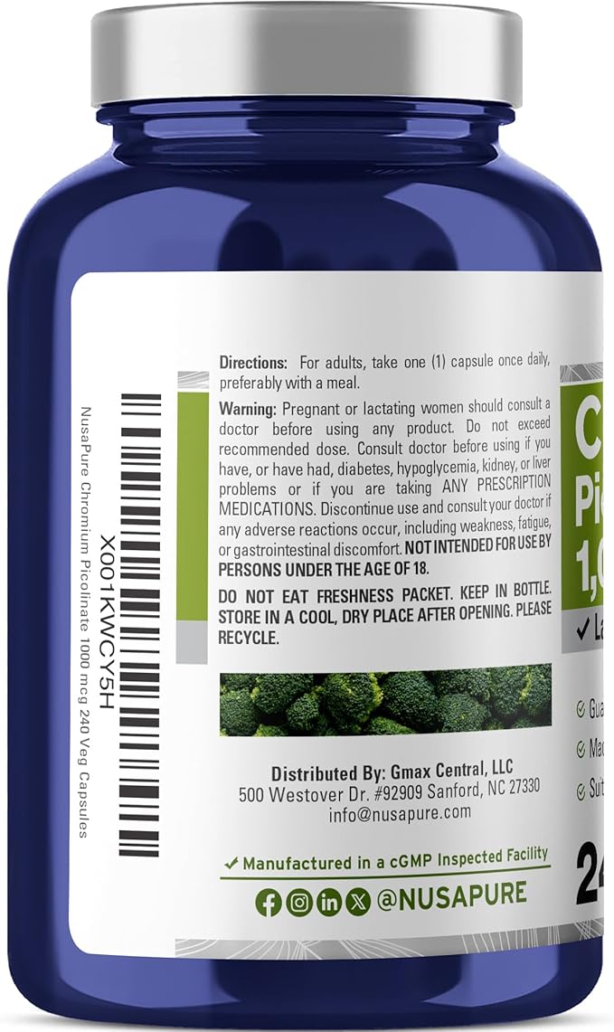 NusaPure Chromium Picolinate 1000mcg 240 Veggie Capsules (Non-GMO Vegan)