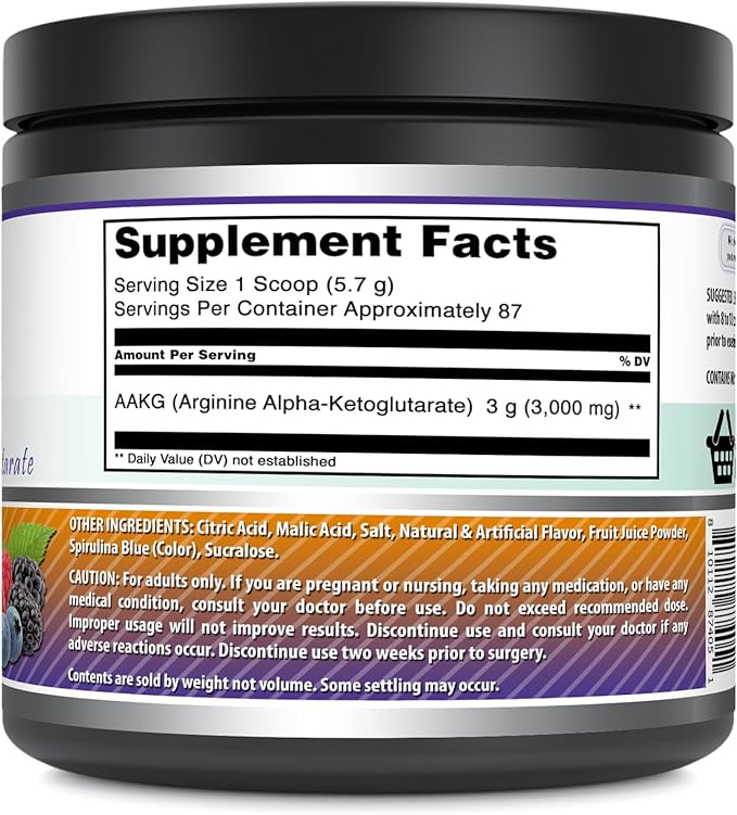 Amazing Formulas AAKG 500 Grams (1.1 Lb) Powder Supplement | Arginine Alpha-Ketoglutarate | Wild Berry Flavor | 87 Servings | Non-GMO | Gluten Free