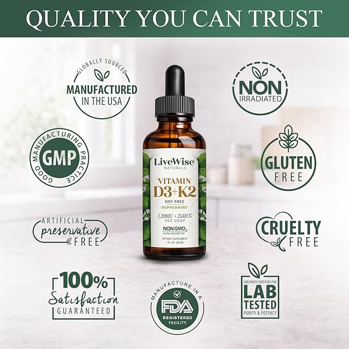 Live Wise Naturals Vitamin D3 K2 (MK-7) Peppermint Drops for Adults - 930 Drops Ultra Concentrated Formulation 1208 IU Vitamin D3 25 MCG - Precision Micro-Dosing Dropper for Calcium &amp Bone Supp