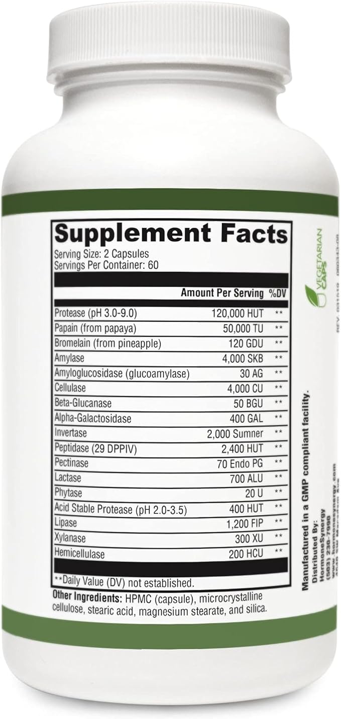 HormoneSynergy Digestive Enzymes 120 Vegetable Capsules | Multi Acid Resistant Vegan-Suitable Digestive Enzymes*
