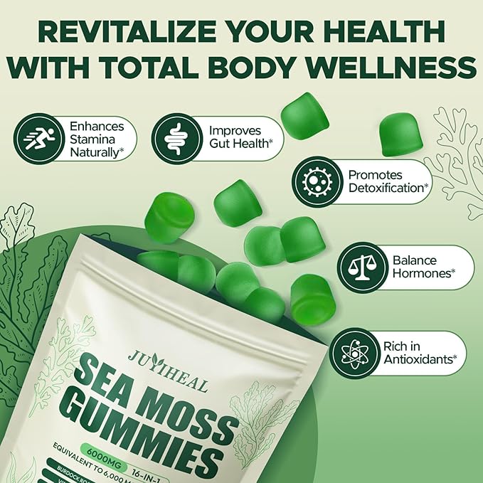 16 in 1 Sea Moss Gummies with Ashwagandha Black Seed Oil Bladder Wrack Turmeric Vitamin C &amp D3 with Manuka Burdock Root Irish Sea Moss Gummies for Women &amp Men Vegan Green Apple 2 Pack