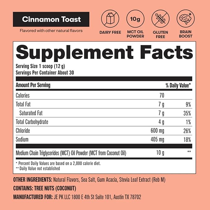 Perfect Keto 7g MCT Oil Powder Medium Chain Triglycerides Supplement Non Dairy Coffee Creamer for Keto Diet Ketogenic MCT Oil Mix for Coffee Smoothie Protein Shakes Cinnamon Toast 30 Servings