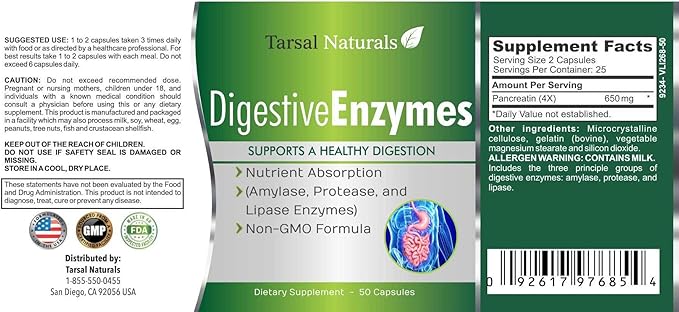 Enzymes 50 Capsules Formula Supports Digestion Amylase Enzyme Breakdown the Carbohydrate Protease Metabolize Proteins and Lipase Breakdown Fat Made in USA Gluten Free FDA Registered