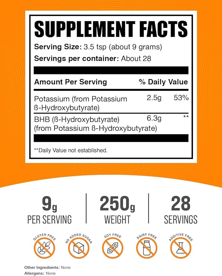 BulkSupplements.com Potassium BHB Powder - Beta-Hydroxybutyrate Powder Unflavored Potassium BHB Supplement - Vegan &amp Gluten Free 9g per Serving 250g (8.8 oz) (Pack of 1)