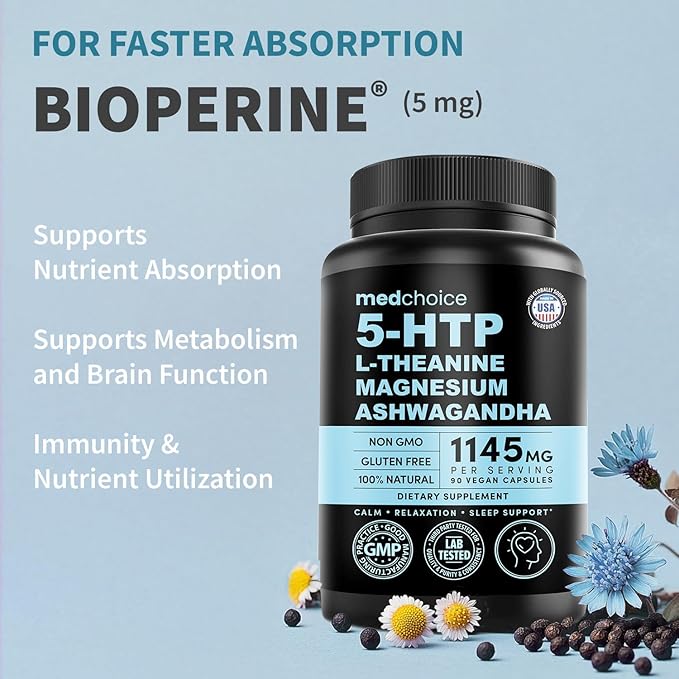 15-in-1 Mood Support Supplement - 5HTP 200mg Capsules with L-Theanine Magnesium Ashwagandha GABA Supplements 5 HTP Supplements with St. John's Wort and L-Tryptophan - 1145mg (90 Count Pack of 2)