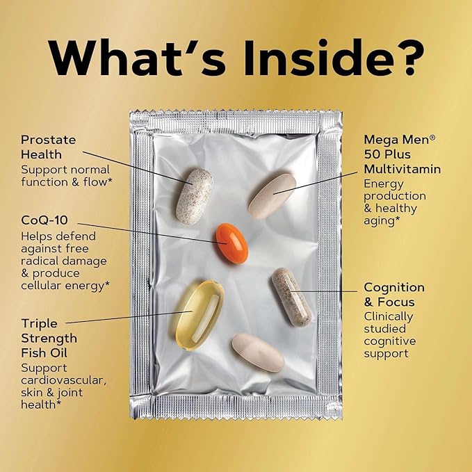 GNC Mega Men 50 Plus Vitapak Program Convenient Complete Nutrition 5 Products in 1 Vitamin Pack Multivitamin Fish Oil Mental Sharpness Ginkgo Prostate Health 30 Packets 30 Day Supply