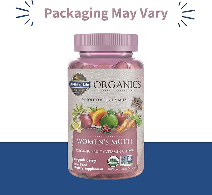 Garden of Life Organics Women's Gummy Vitamins - Berry - Certified Organic Non-GMO Vegan Kosher Complete Multi - Methyl B12 C &amp D3 - Gluten Soy &amp Dairy Free 120 Real Fruit Gummies