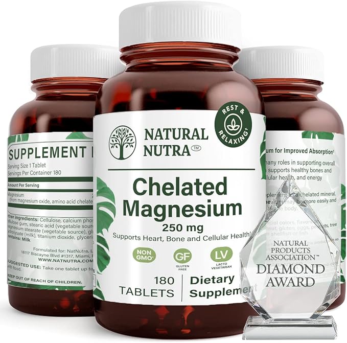 Natural Nutra Chelated Magnesium Oxide 250 mg - High Absorption for Strong Bones Heart Health Dental Health Energy Boost Gluten-Free Non-GMO 180 Tablets in BPA-Free Recyclable Glass Bottles