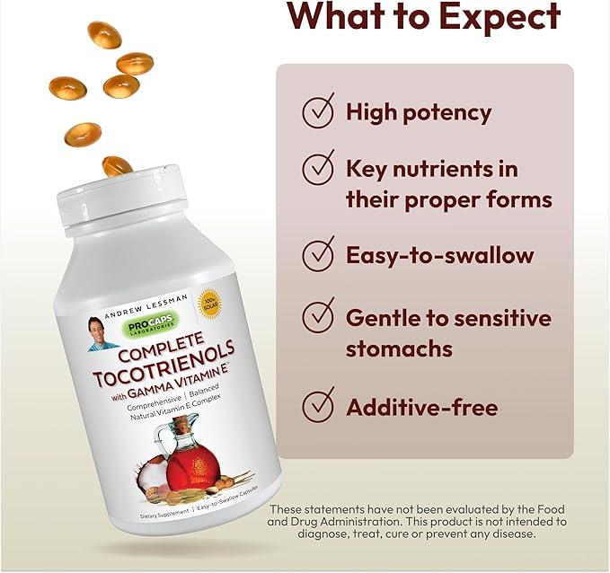 ANDREW LESSMAN Complete Tocotrienols with Gamma Vitamin E 240 Softgels - Eight Forms of Vitamin E (Alpha Beta Gamma Delta Tocopherols and Tocotrienols). Powerful Anti-oxidant. No Additives