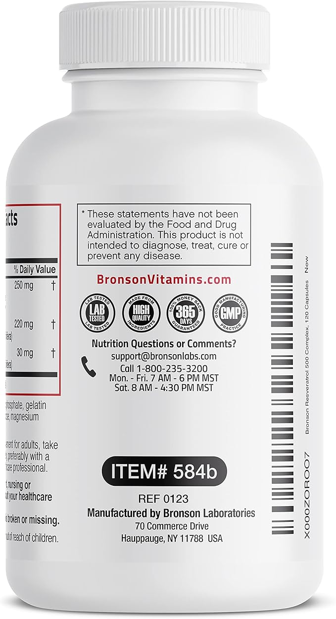 Bronson Resveratrol 500 Complex Standardized Trans-Resveratrol + Grape Seed &amp Red Wine Extract 120 Capsules