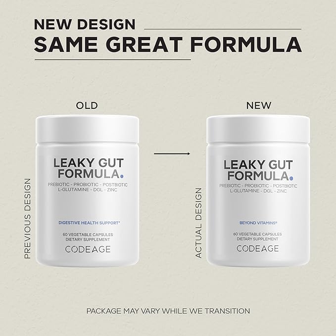 Codeage Leaky Gut Supplement L-Glutamine N-Acetylglucosamine Probiotic Butyric Acid Polyphenols Quercetin DGL Marshmallow Root Berberine BioPerine Cinnamon Vegan Non-GMO 60 Capsules