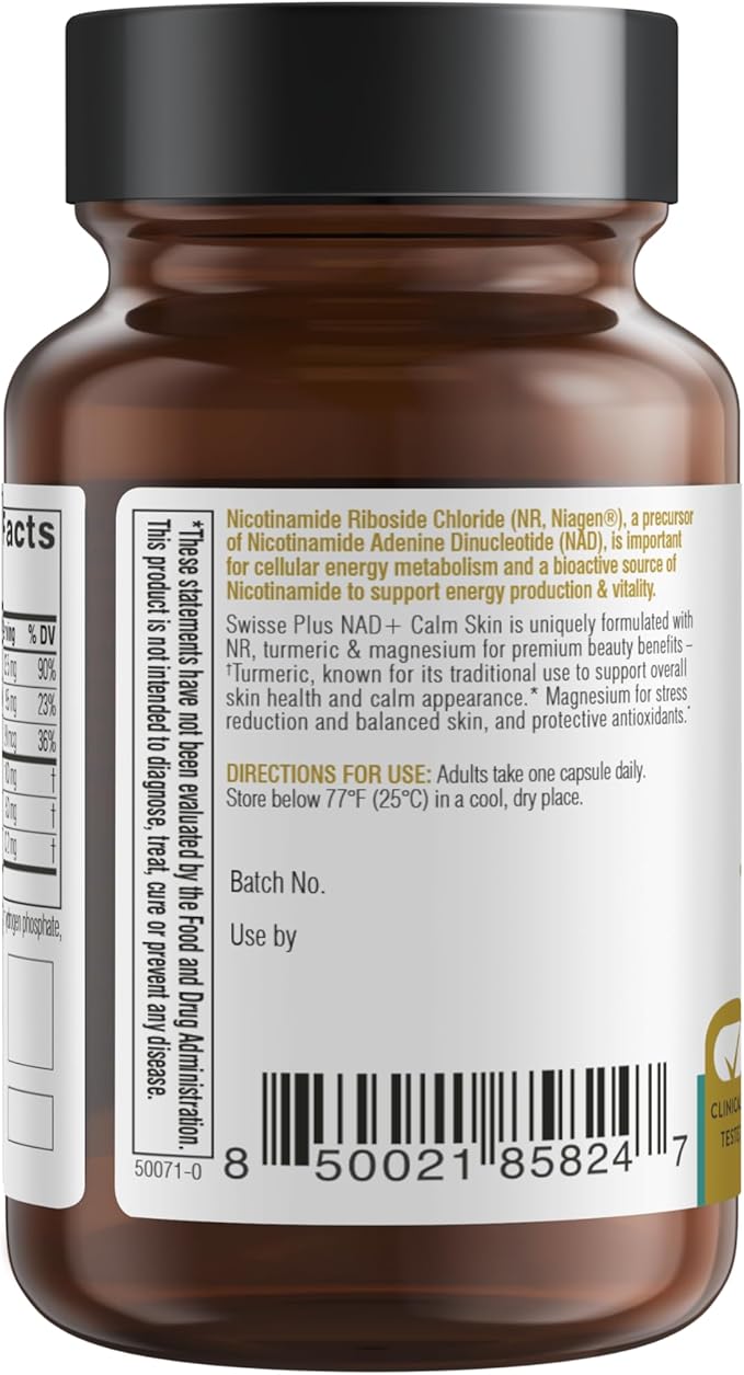 Swisse Plus NAD+ Calm Skin | Clinically Tested NAD+ Supplement | Supports Balanced Healthy Skin | Anti-Aging Supplement for Women &amp Men | 30 Capsules