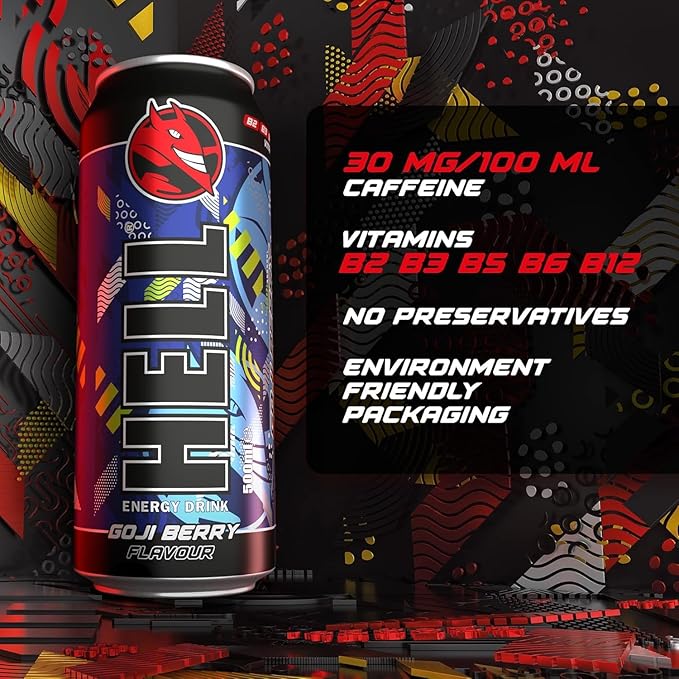 HELL Energy Drink | +20% More Caffeine | Vitamins B2 B3 B6 B12 C &amp D | No Preservatives | Environmentally Friendly Packaging | 12 x 500 ml | Compatible with HELL Energy