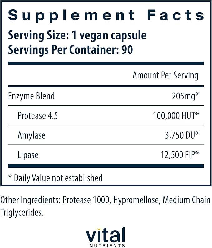 Vital Nutrients Vegan Pancreatic Enzymes - for Women &amp Men - Enzymes for Digestion Support Gut Health - Relief from Gas &amp Bloating - Gluten Dairy Soy Free - 90 Capsules