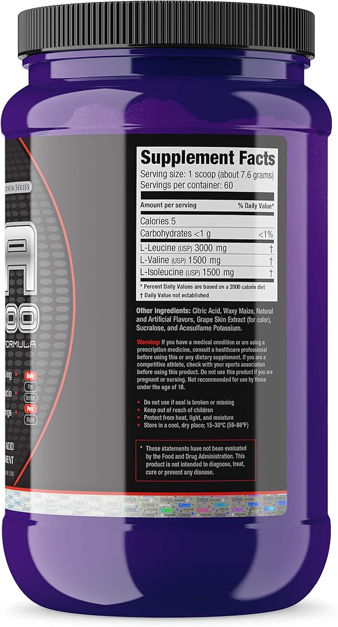 Ultimate Nutrition Flavored BCAA Powder - Caffeine Free with 3g Leucine 1.5g Valine 1.5g Isoleucine - Post Workout Amino Acid Supplement Grape 60 Servings
