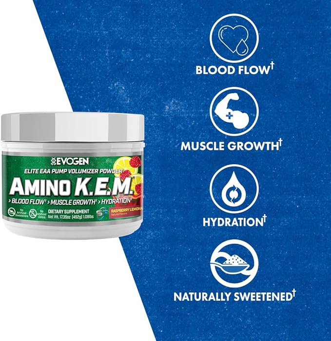 Evogen Amino K.E.M. - EAA &amp BCAA Powder Pump Volumizer | BCAAs Amino Acids Supplement for Blood Flow Muscle Growth &amp Hydration | Natural Sweetened Raspberry Lemonade | 30 Servings