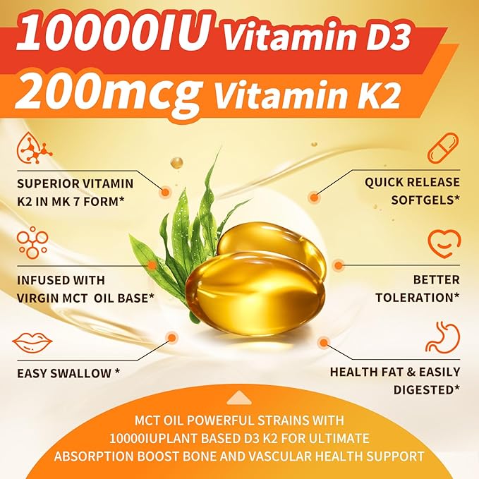 Plant-Based D3 K2 Vitamin 10000 IU w/ Virgin Coconut MCT Oil - 200 mcg MK7 Vitamin K2 Non-GMO for Ultimate Absorption - Bone Immune &amp Heart Health - Easy to Swallow D &amp K Supplement - 250 So