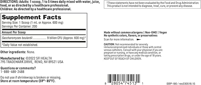 Klaire Labs SFI Health Pure Saccharomyces Boulardii Powder - Probiotic Supplement Supports Yeast Balance - Digestive &amp Immune Support - Hypoallergenic - Double Scoop for Kids &amp Adults (4.48oz)