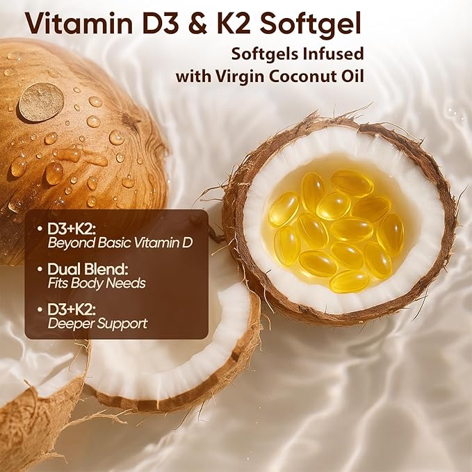 CrownHer Naturals D3 K2 Real Good Essentials Vitamin D3 10000 IU + K2 200 MCG Vitamin D3 &amp K2 Coconut Oil Softgels Capsules for Bone Immune Health Boosts Energy &amp Calcium Absorption 180 G