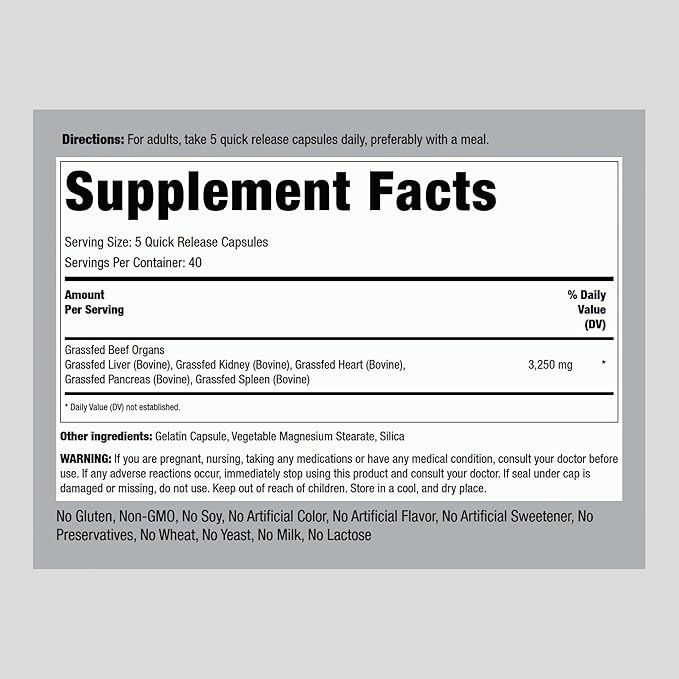 Piping Rock Grass Fed Beef Organs Supplement | 3250 mg | 200 Capsules | for Women and Men | Non-GMO Gluten Free