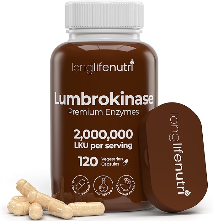 LongLifeNutri Lumbrokinase 100mg – Maximum Activity 2000000 Units Per Serving 120 Vegetarian Capsules 2-Month Supply Natural Enzyme Supplement for Circulatory Health Lab Tested Made in USA
