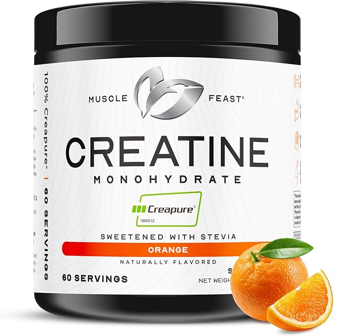 Muscle Feast Creapure Creatine Monohydrate Powder Vegan Keto Friendly Gluten-Free Easy to Mix Muscle Recovery Supplement Trusted Creatine for Muscle Growth Flavored Creatine Natural Orange 300g