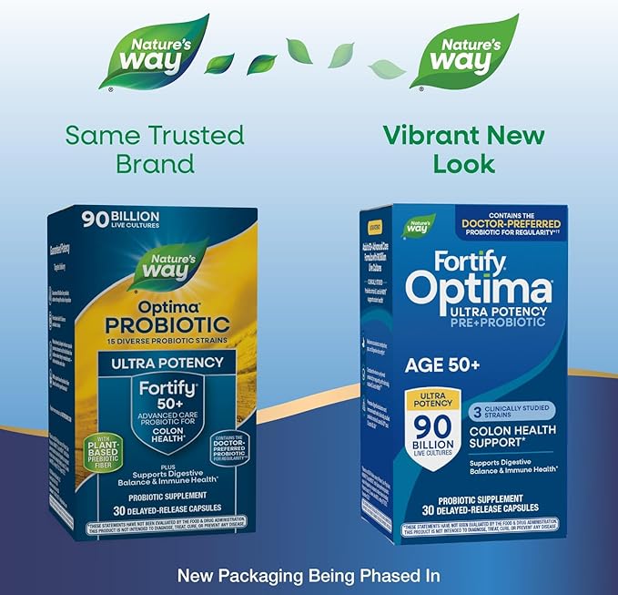 Nature's Way Fortify Optima Probiotic for Adults 50+ 90 Billion Live Cultures 15 Strains Colon Health* Supports Digestive Balance and Immune Health* 30 Capsules (Packaging May Vary)