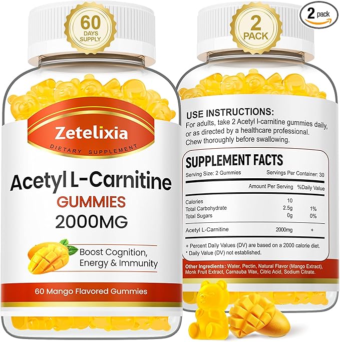 2 Pack Acetyl L-Carnitine Gummies L-Carnitine Supplement for Women &amp Men Nutrition Supplement for Boost Energy Immunity &amp Brain Health Vegan Non-GMO Mango Flavor 120 Count
