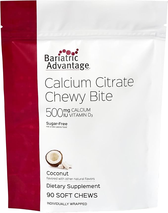 Bariatric Advantage Calcium Citrate Chewy Bites 500 mg - Highly Absorbable &amp Digestible - Vitamin D3 - Easily Chewable Calcium Supplement - Coconut Flavor - 90 Count