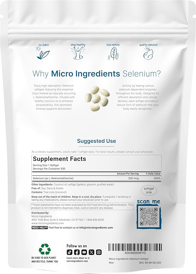 Micro Ingredients Selenium Supplements for Women &amp Men 200mcg 500 Softgels with Coconut Oil | Essential Trace Mineral as Selenomethionine | Antioxidant for Energy Heart &amp Immune Support