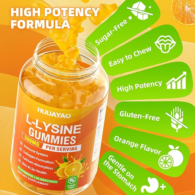 L-Lysine Gummies 500mg Lysine Gummies Supplement for Immune Support &amp Skin Health Collagen Formation Support Vegan Gluten Free Chewable Supplement for Adults &amp Kids Orange Flavor 120 Cou