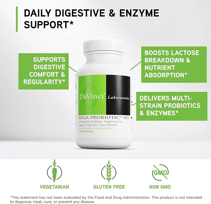 DAVINCI Labs Mega Probiotic ND - Non-Dairy Probiotic Supplement Supports Gut Digestive &amp Brain Health* - Gut Health Support Supplement with Non-Dairy Complex* - 120 Vegetarian Caps