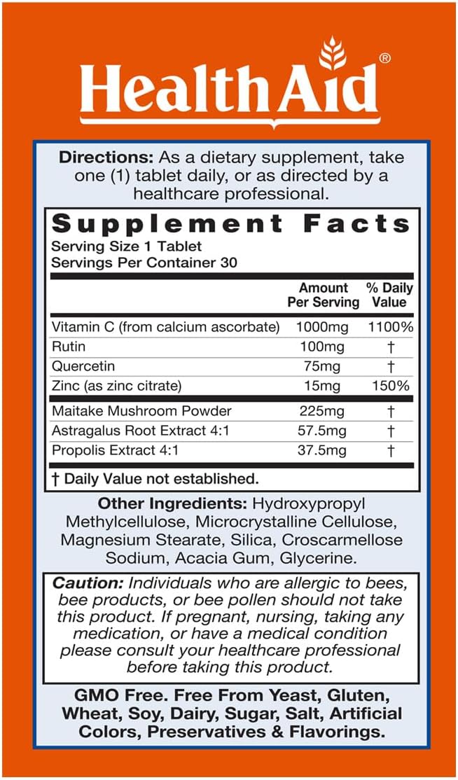 HealthAid Immuprotect Immune Defense Tablets – 30-Day Supply – Vitamin C Zinc Quercetin &amp Rutin with Maitake Propolis &amp Astragalus | Daily Vegetarian Antioxidant Support