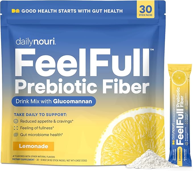 Daily Nouri FeelFull Prebiotic Fiber Drink Mix | Prebiotic Fiber for Fullness &amp Gut Health | Oligofructose + Glucomannan + Chromium | 30 Stick Packs
