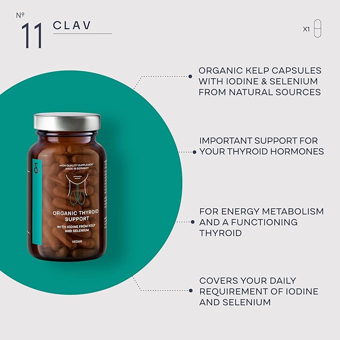 Organic Thyroid Support Supplement with Iodine from Sea Kelp Organic and Selenium from Mustard Seed Extract - 120 Capsules - Natural Thyroid Supplement for Men &amp Women - Vegan and Gluten Free