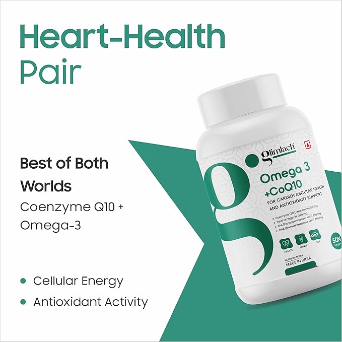 GLIMLACH Omega-3 &amp CoQ10 Softgels 1280 mg Omega-3 100 mg CoQ10 Heart Health Cellular Energy Antioxidant Support (Pack of 3 50 Softgel Each Jar)