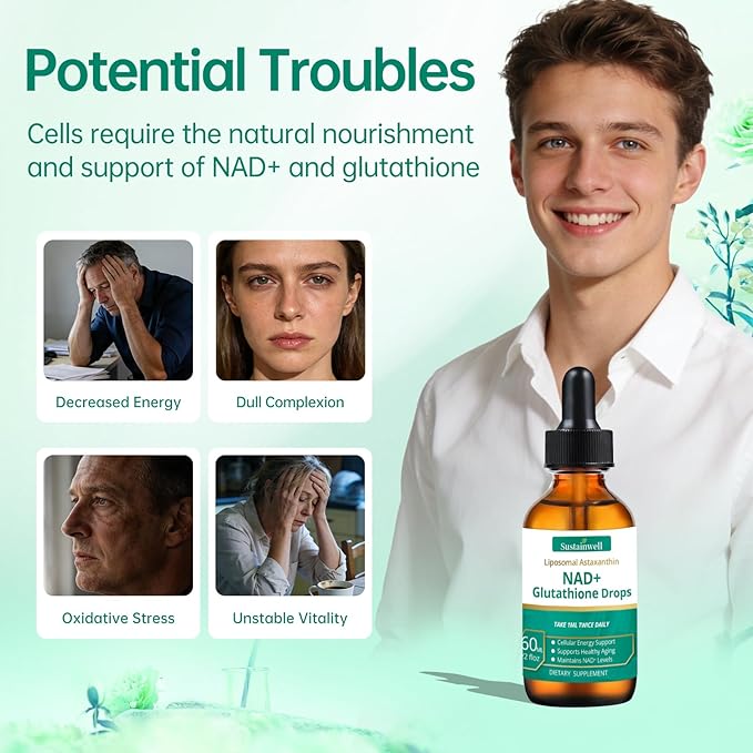 NAD+ Glutathione Liquid Drops with Liposomal Astaxanthin - Supports Cellular Energy Dual Antioxidant Action Healthy Aging - Fast Absorption High Bioavailability Vegan 2.04 Fl Oz
