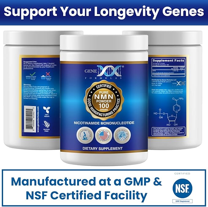 Genex Formulas Pure NMN Powder 100 Grams Instant Dissolve Shelf Stable Non-Synthetic PVP Free Ultra-Low Density 99.9% Pure NMN Made in a US-Based GMP NSF &amp FSSC 22000 Certified Facility