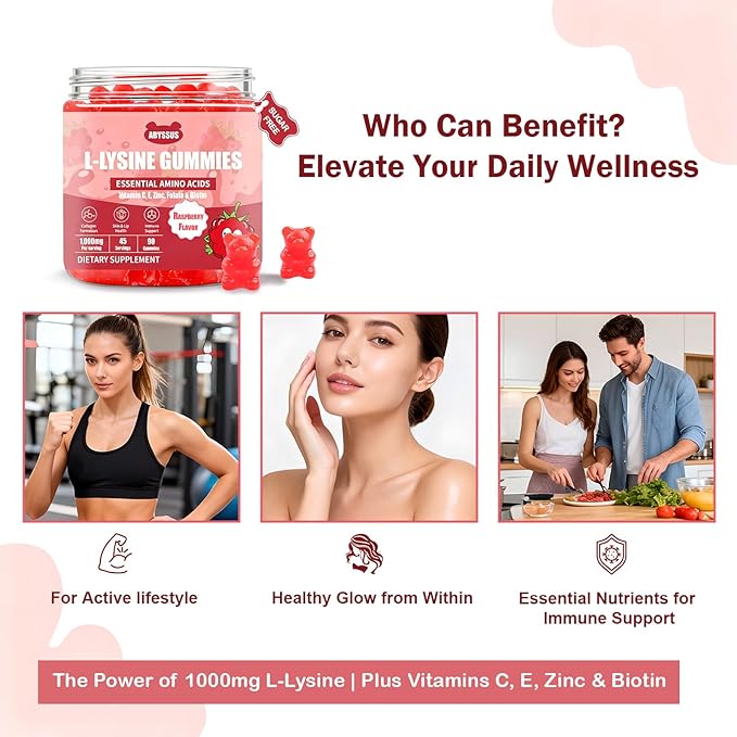 ABYSSUS Lysine Supplement – Sugar Free L-Lysine 1000MG Gummies Lysine for Women with Biotin &amp Folate Skin &amp Immune Support 90 Chewables