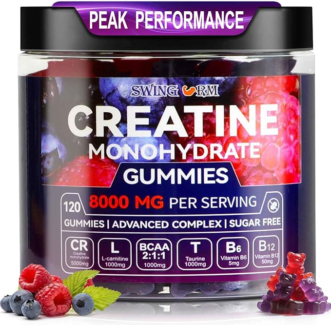 Swing Arm Creatine Monohydrate Gummies 8000 mg for Men &amp Women 120 Creatine Gummies for Muscle Growth Strength &amp Recovery Sugar Free Pre-Workout Supplement - Raspberry &amp Blueberry Flavo