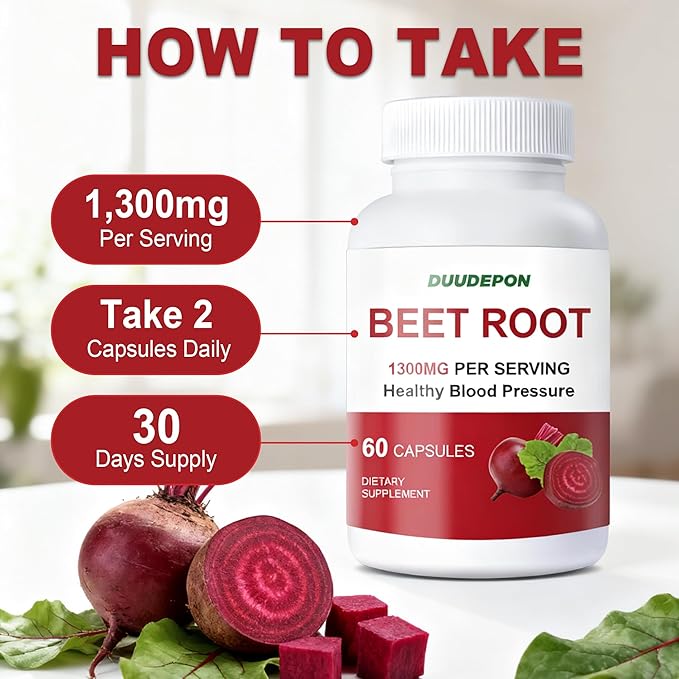 DUUDEPON Organic Beet Root Capsules - 1300mg per Serving - Supports Natural Energy Endurance - Vegan - 60 Capsules