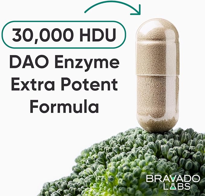 Bravado Labs DAO Supplements Histamine Blocker - Extra Strength 30000 HDU DAO Enzyme + Diamine Oxidase &amp Vitamin C for Daily Histamine Metabolism &amp Immune Support - 120ct