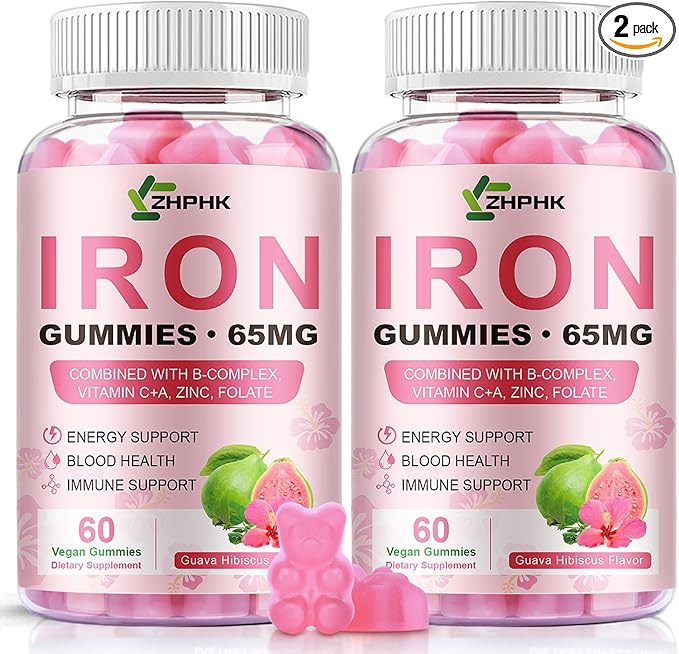 Iron Gummies for Women Men Vitamin Supplement 65mg &amp Vitamin C 250mg Per Serving with B6 B12 Folate- Energy Support for Iron Deficiency Anemia Vegan Guava Hibiscus Flavor 120 Count