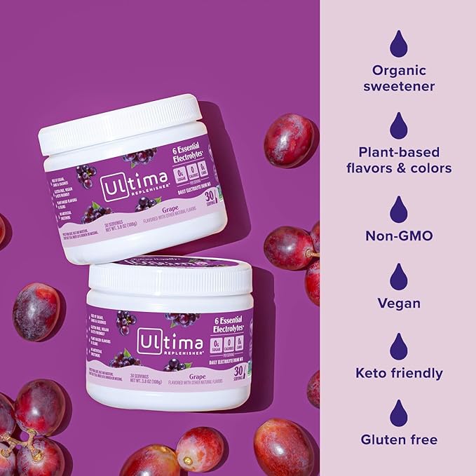 Ultima Replenisher Daily Electrolyte Powder Drink Mix – Sugar Free – Grape 30 Servings – Hydration Powder with 6 Key Electrolytes and Trace Minerals – Keto Friendly Vegan Non-GMO