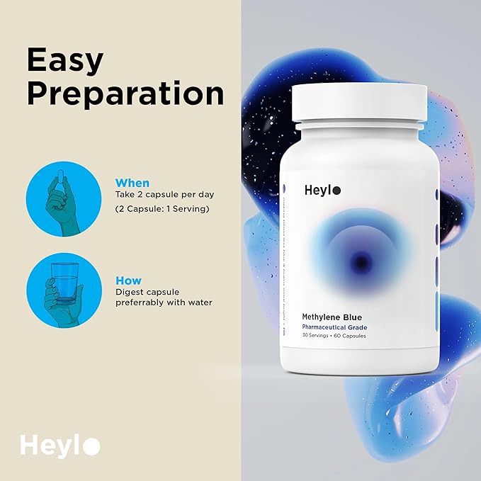 Heylo Methylene Blue Capsules - Pharmaceutical USP Grade Quality | Third Party Tested | Boosts Memory Focus Clarity Energy | Supports Cellular &amp Mitochondrial Function Made in USA 30mg