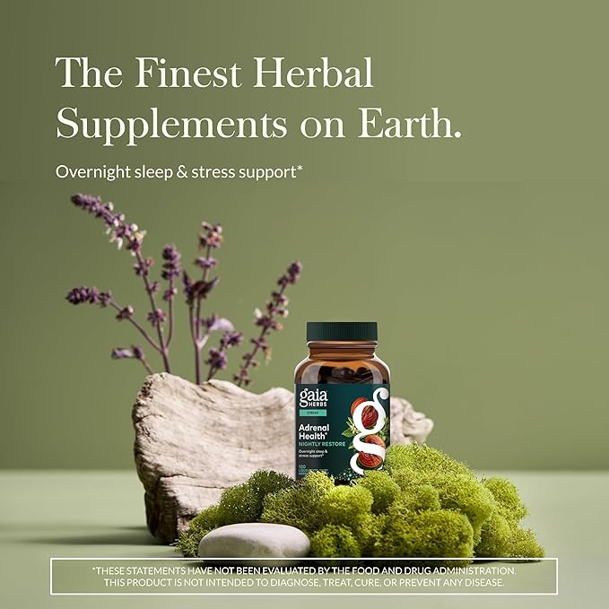Gaia Herbs Adrenal Health Nightly Restore - Herbal Supplement with Ashwagandha Magnolia Bark Cordyceps Lemon Balm &amp More* - 120 Vegan Liquid Phyto-Caps (60 Servings)