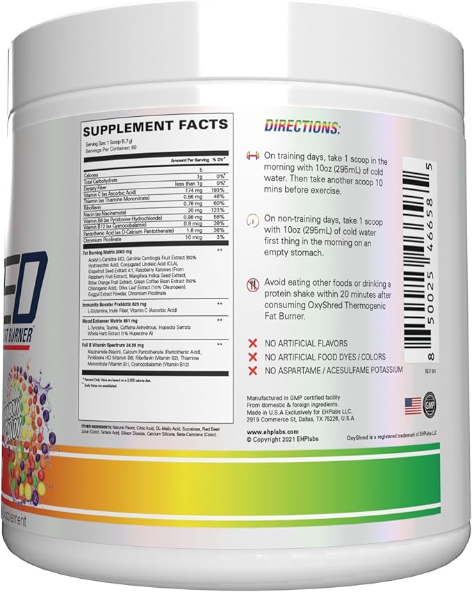 EHP Labs OxyShred Pre Workout Powder - Preworkout Powder with L Glutamine &amp Acetyl L Carnitine Energy Boost Drink - Rainbow Candy 60 Servings