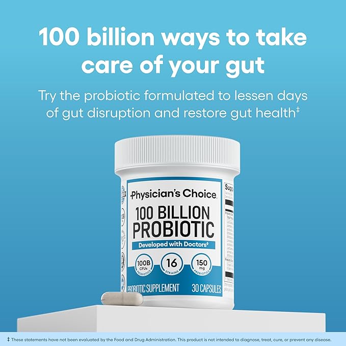 Physician's CHOICE 100 Billion Advanced Probiotic - 16 Strains + Organic Prebiotics - Digestive &amp Gut Health - Supports Occasional Constipation Diarrhea Gas &amp Bloating - Probiotics for Women