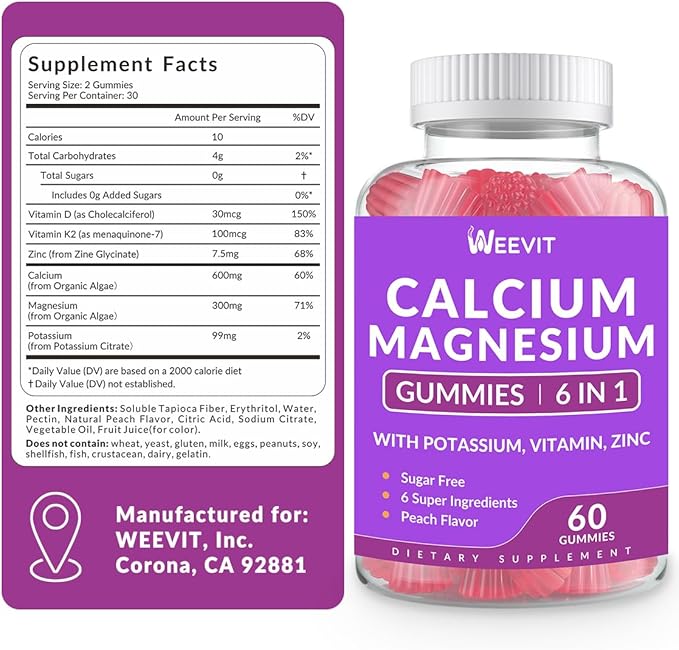 Sugar Free Calcium Gummies w/Vitamin D3 K2 Calcium Magnesium Zinc Gummies for Bone Muscle &amp Immune Algae CA Magnesium 2:1 Ratio Calcium Supplement for Women &amp Men - Vegan